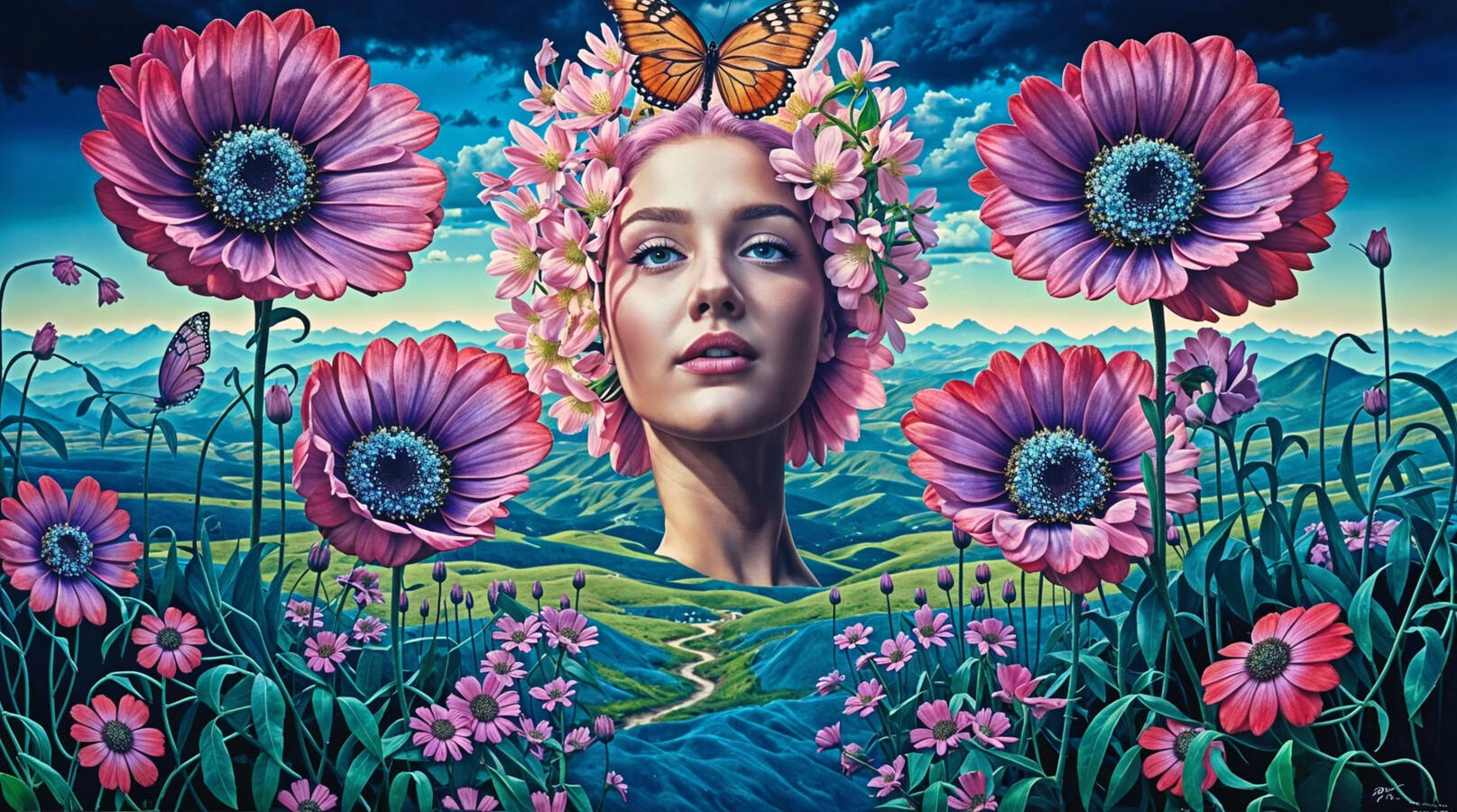 Baroque Landscape with Pink Poppies